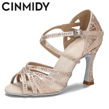 Танцевальная обувь CINMIDY со стразами, обувь для бального танго, танцевальная обувь для девочек, обувь для латиноамериканских танцев, женская обувь для вечеринок на мягкой подошве в помещении