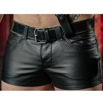 Мужские шорты однотонные повседневные мужские короткие брюки из искусственной кожи Весна-лето Мужская мода в стиле панк Черные шорты для мужчин