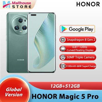 Глобальная версия HONOR Magic 5 Pro 5G Snapdragon 8 Gen 2 6,81 Дюйма, Четырехгранный дисплей с частотой 120 Гц, Большой аккумулятор емкостью 5100 мАч