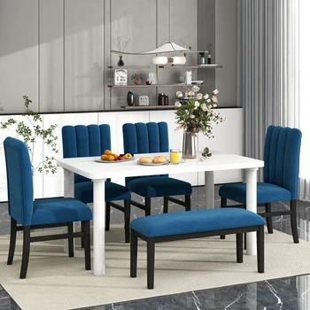 Белый + Синий Обеденный Стол из 6 предметов со Столом, облицованным Мрамором, и 4 Обеденными Стульями с байковой обивкой и скамейкой для гостиной