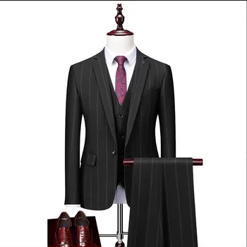 Недавно прибывший мужской деловой костюм в полоску из 3 предметов, черный / серый, Смокинг жениха для свадебной вечеринки, мужская приталенная однобортная одежда