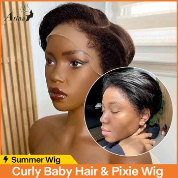 Afro Kinky Curly HD Прозрачный Кружевной фронтальный парик 13x4, человеческие волосы, Бесклеевые Кудрявые края, Короткие Пикси, полные Кружевные Передние парики, Бразильские