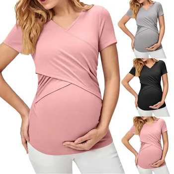 Женские топы для беременных и кормящих, одежда для грудного вскармливания, Летняя футболка для беременных с коротким рукавом, плиссированная Открытая сбоку Футболка для беременных