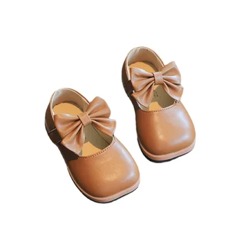 Детская обувь для девочки, кожаная однотонная обувь для маленькой девочки, детские туфли принцессы на плоской подошве, черный, бежевый, коричневый SMG245