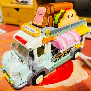 3D модель DIY Мини Блоки Кирпичи Строительный автомобиль World Bread Car Пекарня Грузовик с едой Пончики Кондитерская Игрушки для пикника для детей