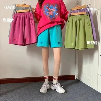 Шорты, женские летние Повседневные широкие брюки с корейской вышивкой, 2023 Новые Свободные Разноцветные прямые брюки с высокой талией