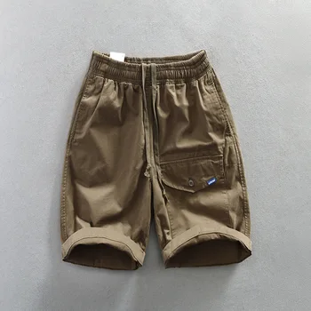 T123, 100% Хлопок, Летние Модные мужские шорты-карго с эластичной резинкой на талии, военные Свободные повседневные Базовые брюки средней длины