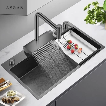 ASRAS Nanometer Черная Крупногабаритная кухонная раковина из нержавеющей стали 304 толщиной 4 мм Ручной работы с одним верхним креплением для кухонных раковин
