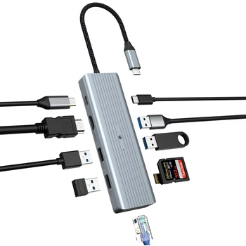 Концентратор USB C, Док-станция USB C с двумя мониторами 10 в 1, Адаптер USB C для ноутбука (Гигабитный Ethernet, 4K HDMI, USB 3.0, PD 100 Вт, микрофон 3,5 мм, S