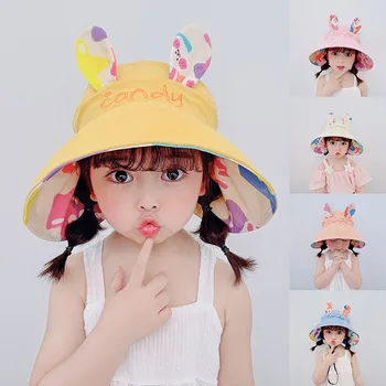 Детская солнцезащитная шляпа, летняя кепка с большим карнизом Для мальчиков и девочек, Двусторонний пустой цилиндр, шляпа с козырьком с милыми кроличьими ушками