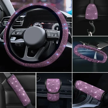 Розовый комплект чехлов для рулевого колеса автомобиля из искусственной кожи, розовые бриллианты, чехлы для автомобильных колес, чехлы для леди, автомобильные аксессуары для женщин