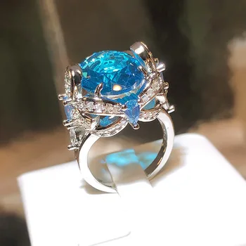Модное блестящее кольцо с цветком из светло-голубого циркона, женское серебро 925 пробы, Преувеличенное геометрическое кольцо с крупным цирконом, подарок на День рождения