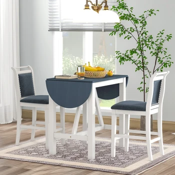 Обеденный стол с откидными створками из дерева, состоящий из 3 частей, с 2 обеденными стульями с мягкой обивкой для небольшого помещения, белый