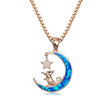 Бело-голубое ожерелье с Луной из камня с опалом, Милое ожерелье с подвеской в виде маленьких кошачьих звезд, Розовое Золото, Серебряные ожерелья-цепочки для женщин, вечеринка