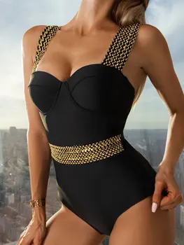 Сексуальный цельный купальник Пуш-Ап 2023, бикини с высокой талией и черной строчкой, купальники, пляжная одежда, Бразильские купальники-Монокини
