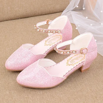Сандалии принцессы для девочек, детская обувь для девочек, модельные туфли на маленьком высоком каблуке, блестящие Летние вечерние Свадебные сандалии, Детская обувь
