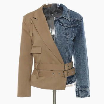 Женский пиджак-блейзер, весна-осень, повседневные джинсовые куртки с высокой талией и поясом, толстые, с надрезами, пальто