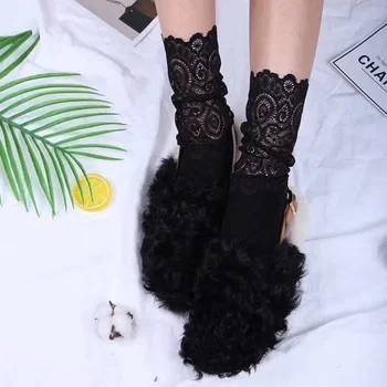 Женские черные кружевные чулки, полые прозрачные кружевные чулки, японские флисовые носки из чистого хлопка, носки принцессы цвета лоскутного одеяла