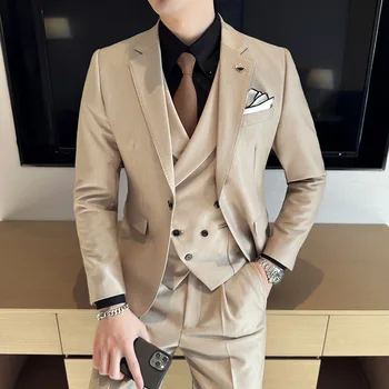 Мужской костюм, 3 предмета, британо-корейская версия, приталенный Повседневный однотонный цвет, подходящий для свадебного банкета, куртка, жилет с брюками