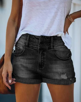 Лето 2023, Новые рваные джинсовые шорты с высокой талией для женщин, модный эластичный подол, Сексуальные джинсовые шорты, Повседневная одежда S-2XL