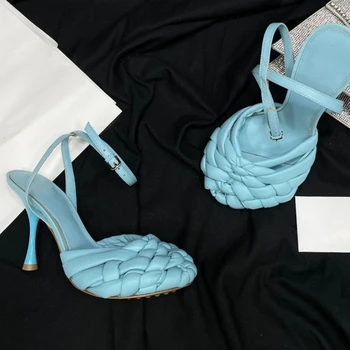 Синие плетеные босоножки с ремешком на щиколотке, женская обувь для показа на подиуме, летние босоножки для женщин, брендовая дизайнерская обувь на сверхвысоком каблуке