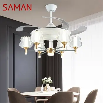 Потолочный светильник SAMAN LED с вентилятором, Белая Невидимая лопасть вентилятора С дистанционным управлением, Светильники для гостиной, спальни, ресторана