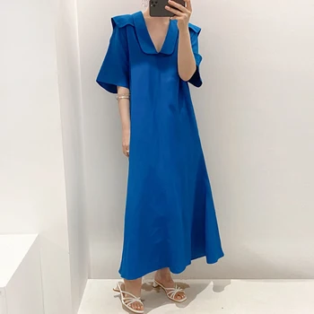 Женское летнее платье свободного покроя 2022, Синее длинное платье с коротким рукавом и V-образным вырезом, повседневная женская одежда в стиле бохо, Vestidos