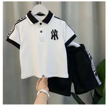 Детская рубашка-поло для мальчика, летняя красивая одежда интернет-знаменитостей с коротким рукавом, модный крутой комплект футболок из двух предметов